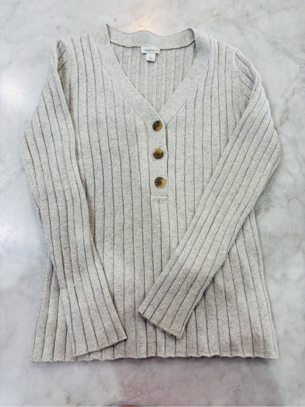 Sundance Ribbed Cotton V-Neck Button Sweater - Light Heather Gray